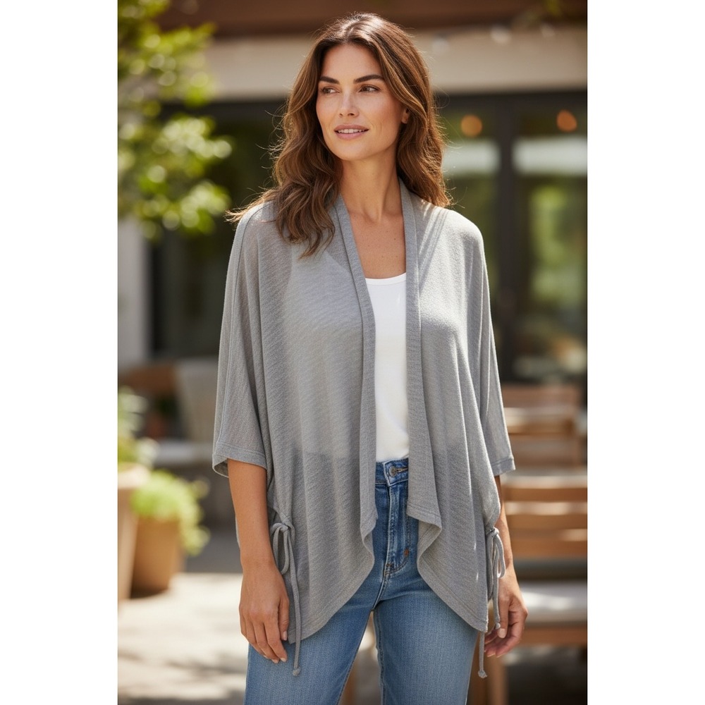 NY Collection Petite Grey Open Front Cardigan Tie Hem PHAR025A PXS NEW